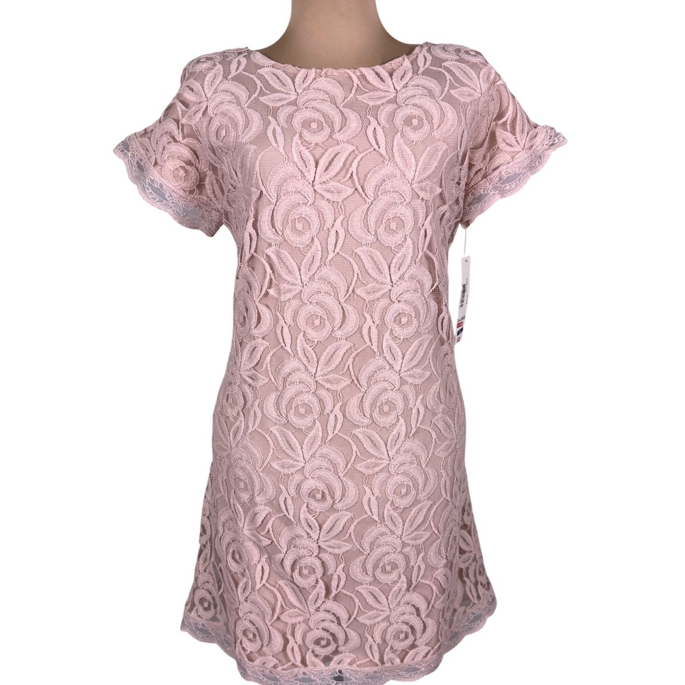 NWT dressT Womens Sheath Dress Blush Pink Lace Overlay Short‎ Sleeve V-Neck XL